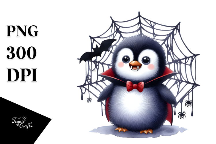 Baby Penguin in Front of Spider Web with Vampire Fangs