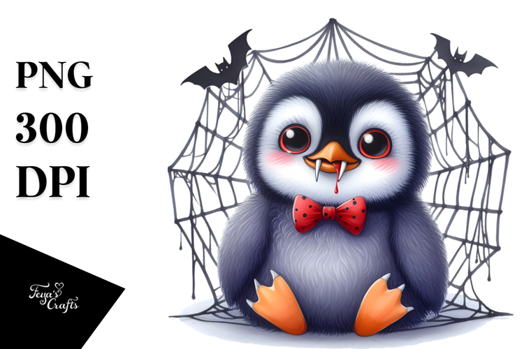 Baby Penguin in Front of Spider Web with Vampire Fangs