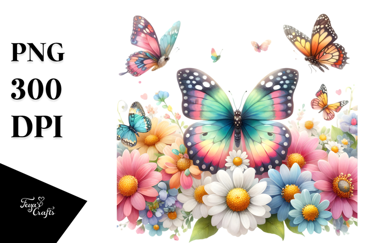 Colorful Butterfly with Spring Flowers PNG