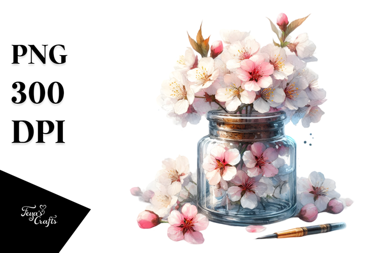 Watercolor Jar with Cherry Blossom | Sublimation Clipart