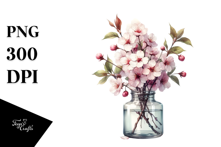 Watercolor Jar with Cherry Blossom | Sublimation Clipart