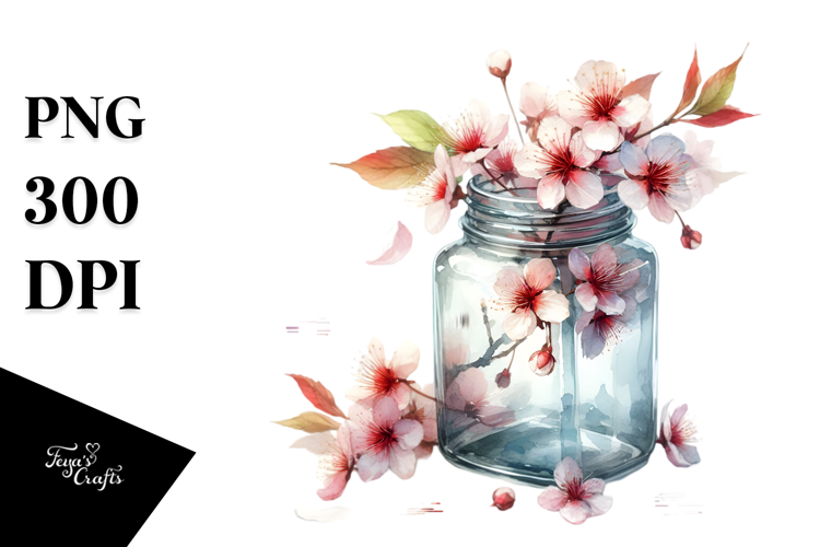 Watercolor Jar with Cherry Blossom | Sublimation Clipart