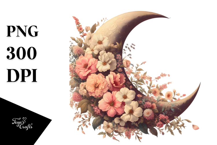 Vintage Half Moon with Flowers PNG