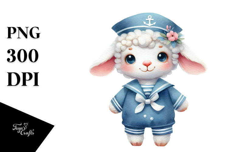Vibrant Watercolor Wimsical Lamb Sailor Suit