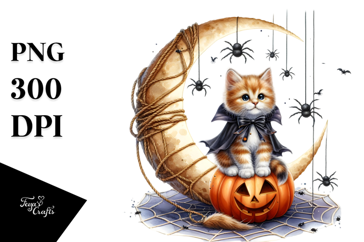 Kitten Dressed for Halloween on Half Moon PNG