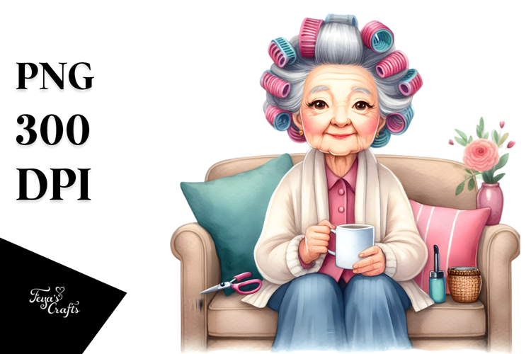 Watercolor Character Sitting on Sofa with Mug | Sublimation