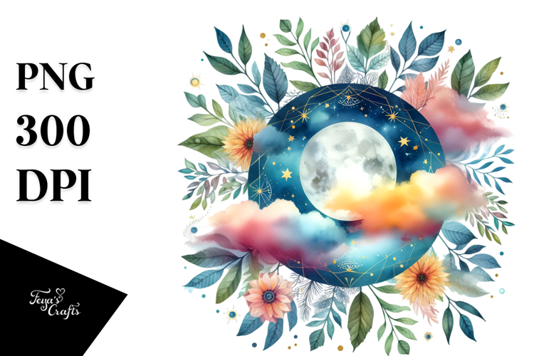 Vibrant Watercolor Boho Moon and Clouds | Clipart