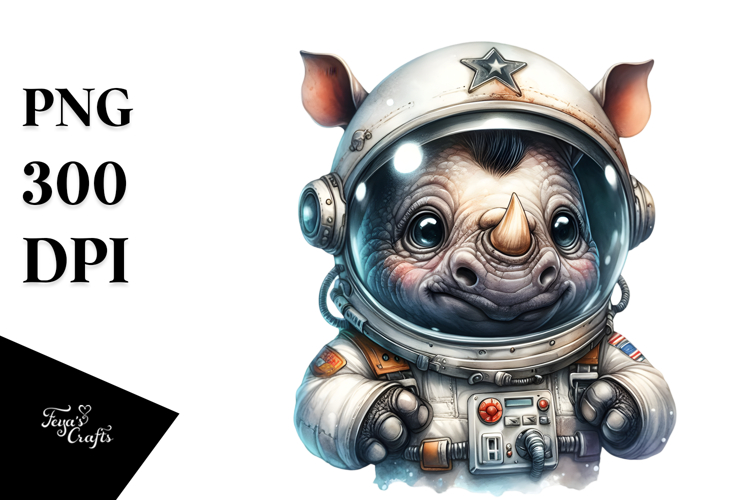 Cute Baby Rhino with Astronaut Helmet, High-Res PNG
