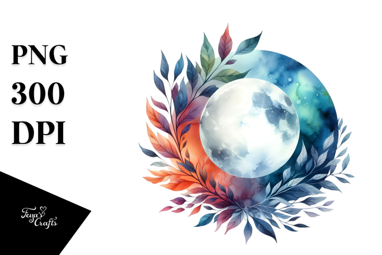 Vibrant Watercolor Abstract Moon and Foliage | Clipart