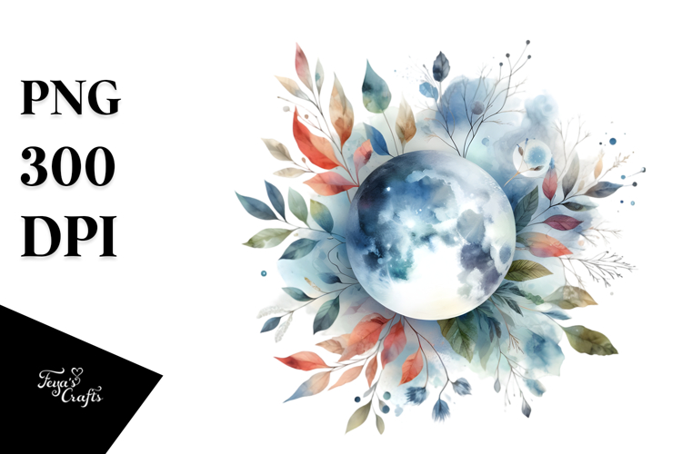 Vibrant Watercolor Abstract Moon and Foliage | Clipart