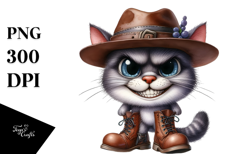 Watercolor Cat with Hat and Boots Standing | Clipart
