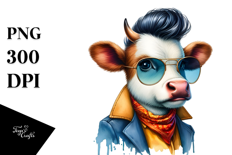 Watercolor Vibrant Cow Posing PNG