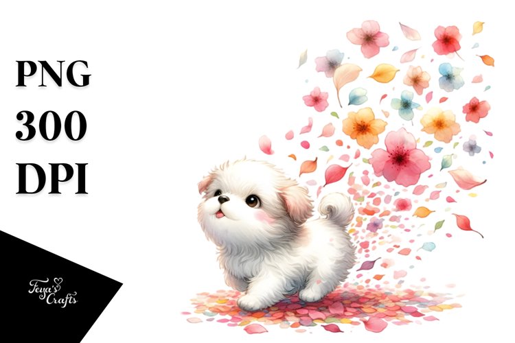 Colorful Cute Dog Tumbling with Petals in the Wind |