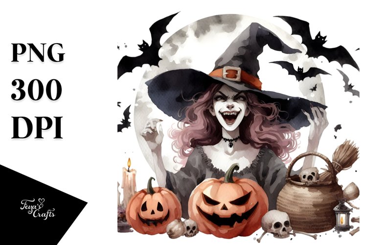Simple Halloween Cackling Witch Watercolor Style