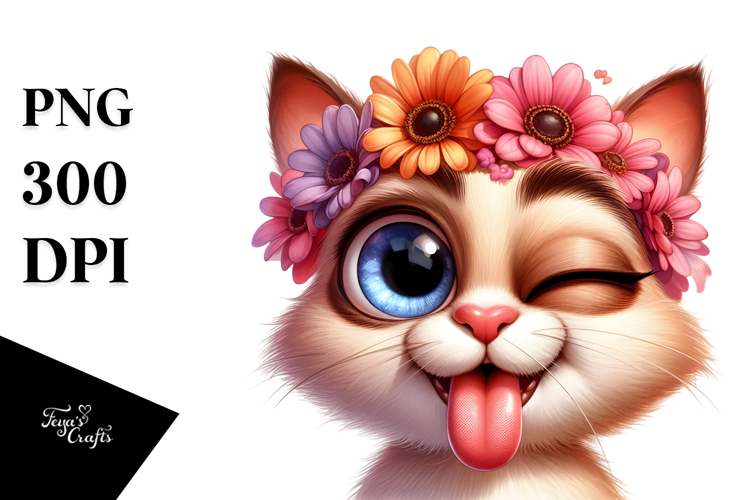 Exaggerated Cartoon Cat with Flower Crown PNG