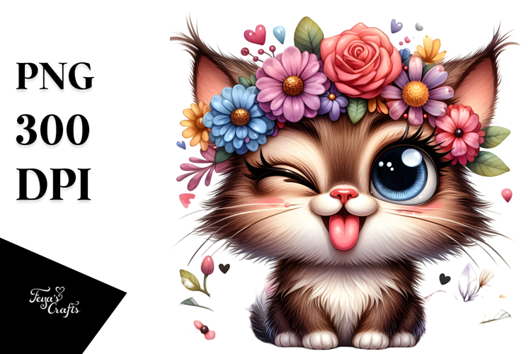 Exaggerated Cartoon Cat with Flower Crown PNG