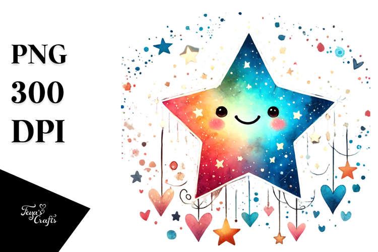 Smiling Star with Hearts Watercolor PNG