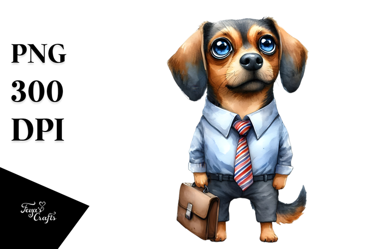Watercolor Dog with Tie and Phishing Rod | Clipart