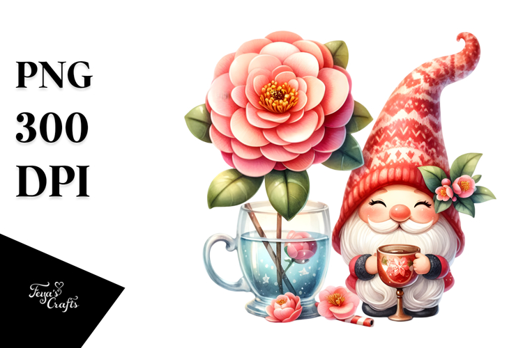Cute Gnome with Camellia PNG