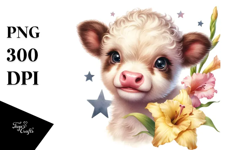 Watercolor Cute Baby Highland Cow with Gladiolus PNG