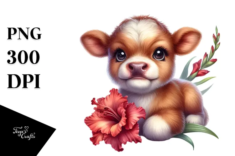 Watercolor Cute Baby Highland Cow with Gladiolus PNG