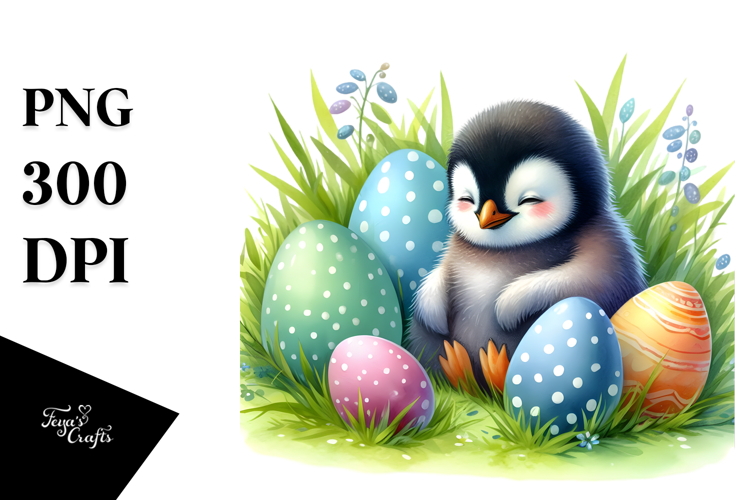 Digital Watercolor with Baby Penguin in Grass with Easter