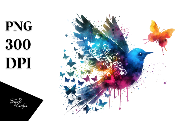 Colorful Bird with Butterfly Silhouettes PNG