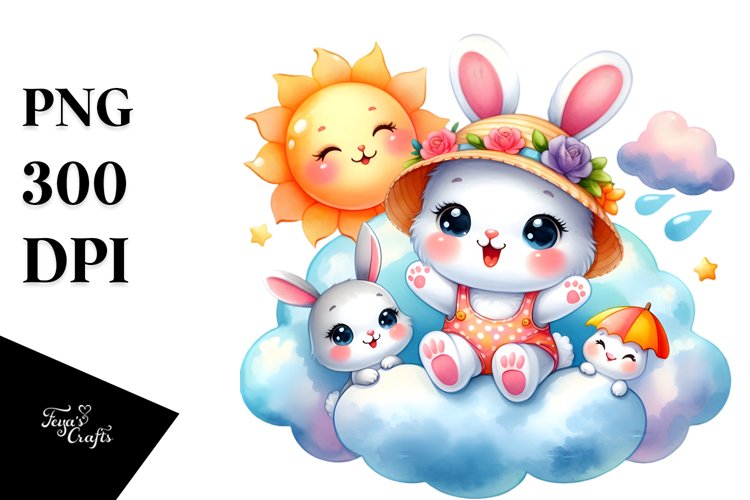 Colorful Baby Rabbit Sitting on Smiling Cloud PNG