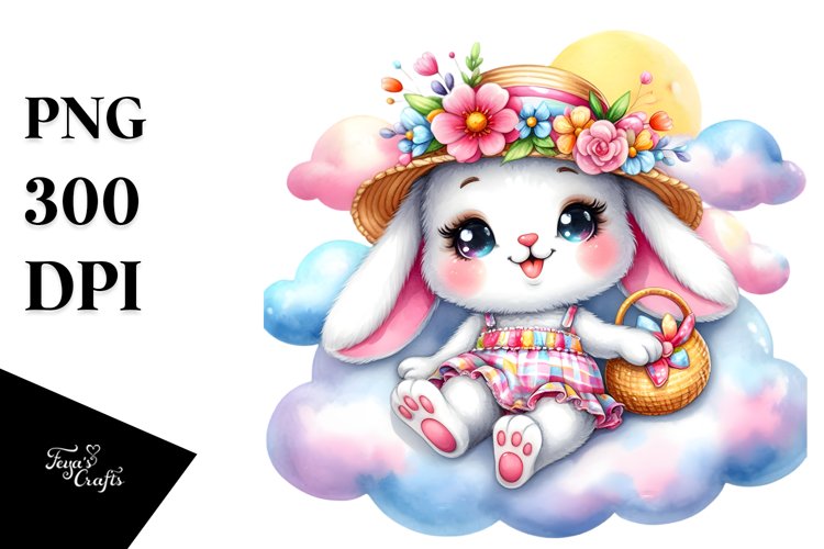 Colorful Baby Rabbit Sitting on Smiling Cloud PNG