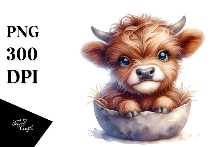 Watercolor Cute Highland Cow Sitting in Pocket | Clipart