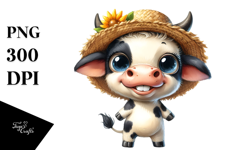 Expressive Baby Cow with Sun Hat Standing Up example image 1