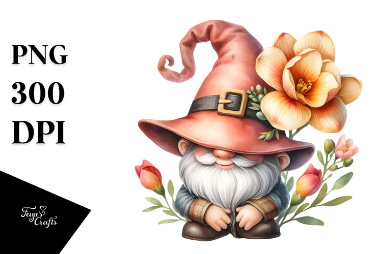 Cute GNOME with Big Hat and Freesia PNG