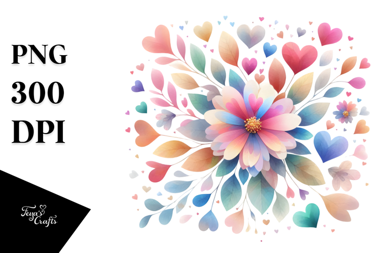 Colorful Digital Flower with Heart Petals, Transparent PNG