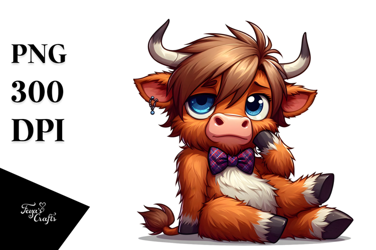 Goofy Highland Cow with Bow Tie, PNG