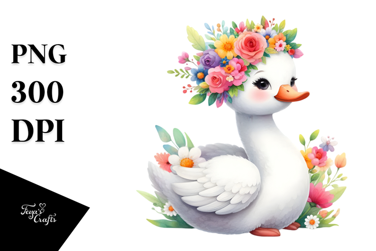 Cartoon-Style Watercolor Swan with Flower Crown PNG