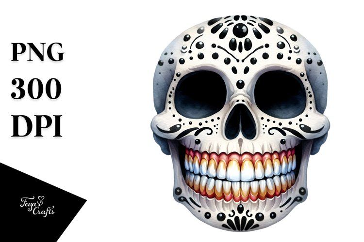 Funny Halloween Skull Smile Watercolor Clipart example image 1