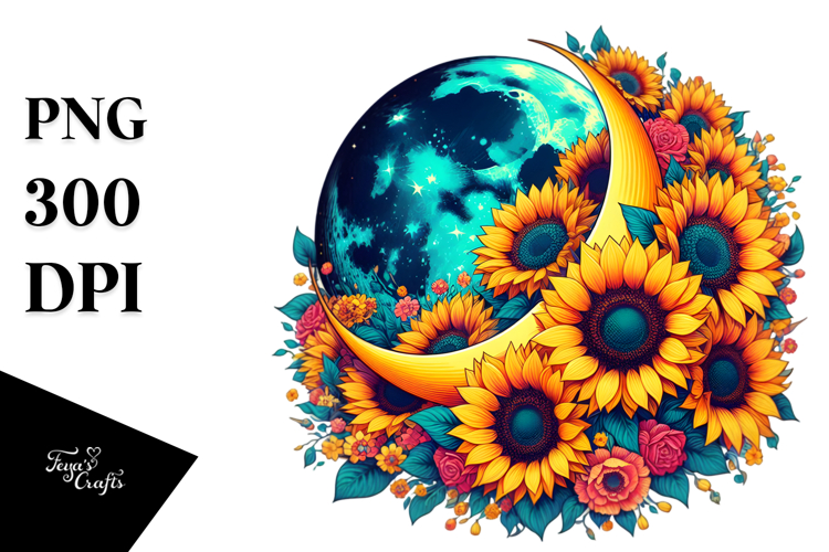 Vibrant Half Moon with Sunflowers PNG
