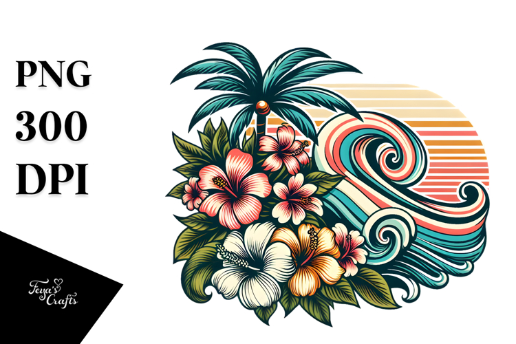 Retro Tropical Flower Waves PNG