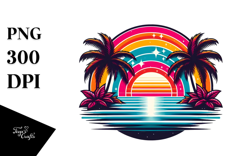 Retro Tropical Rainbow Sunset, PNG Clipart