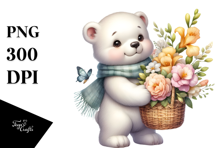 baby Polar Bear with Flowers | Watercolor Clipart