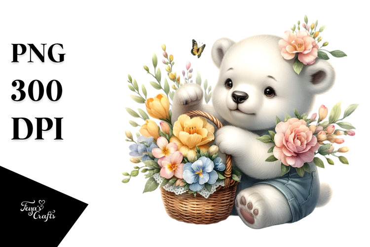 baby Polar Bear with Flowers | Watercolor Clipart