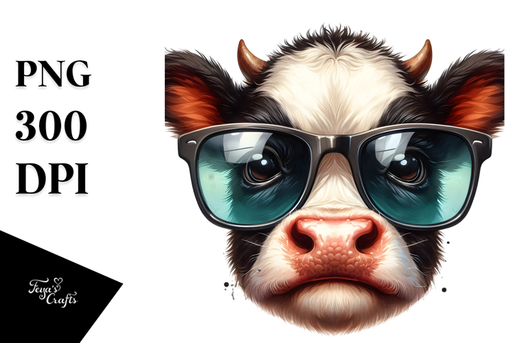 Funny Baby Cow with Sunglasses, High-Res PNG