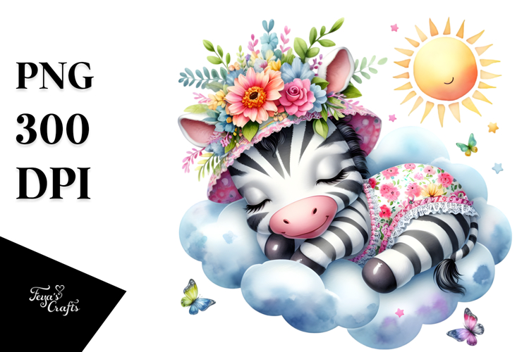 Whimsical Cute Baby Zebra Sleeping on Cloud
