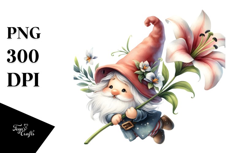 Cute Floating Gnome with Large Lily PNG