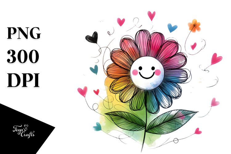Colorful Digital Flower with Hearts, PNG