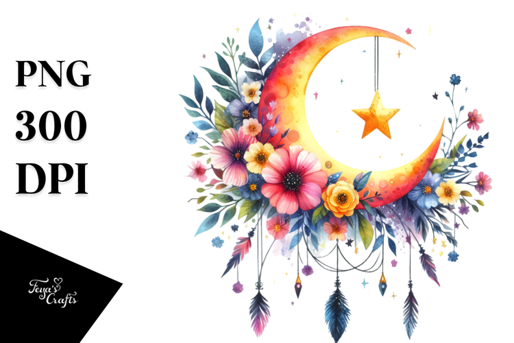 Whimsical Moon with Flowers and Stars | Sublimation |