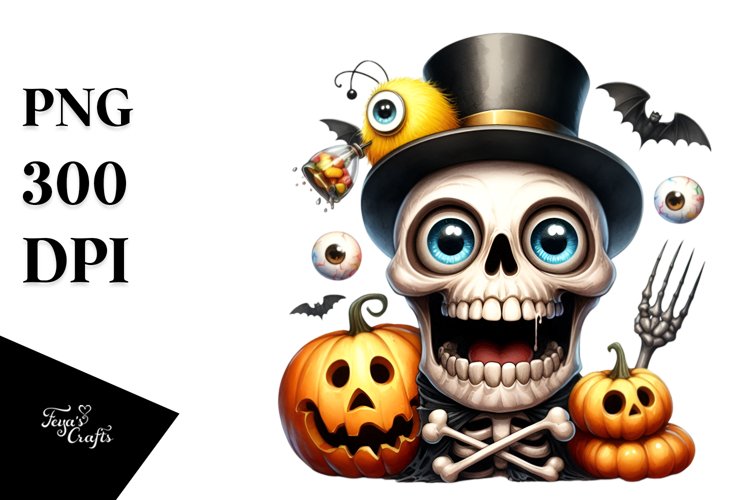 Funny Skull Halloween Watercolor | Splash Clipart example image 1