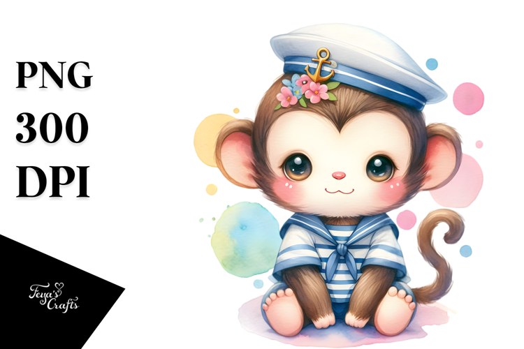 Pastel Cute Monkey Sailor Suit on White Background
