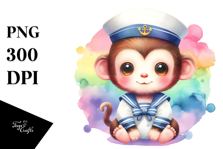 Pastel Cute Monkey Sailor Suit on White Background