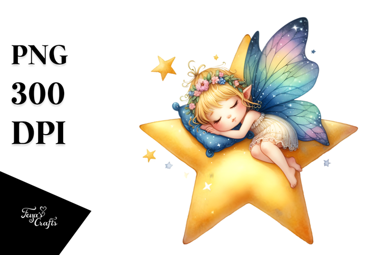Colorful Cute Fairy Napping on Star | Sublimation | Clipart